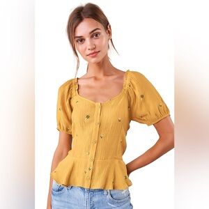 Sugar Lips Yellow Puff Sleeve Peplum Blouse Medium Embroidered Cottagecore girly